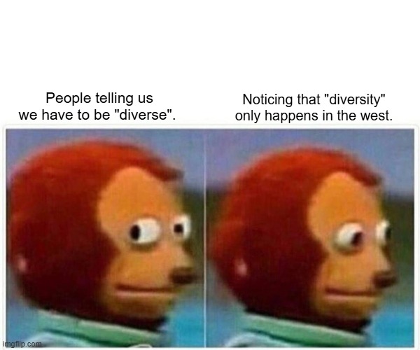 Monkey Puppet Meme | People telling us we have to be "diverse". Noticing that "diversity" only happens in the west. | image tagged in memes,monkey puppet | made w/ Imgflip meme maker