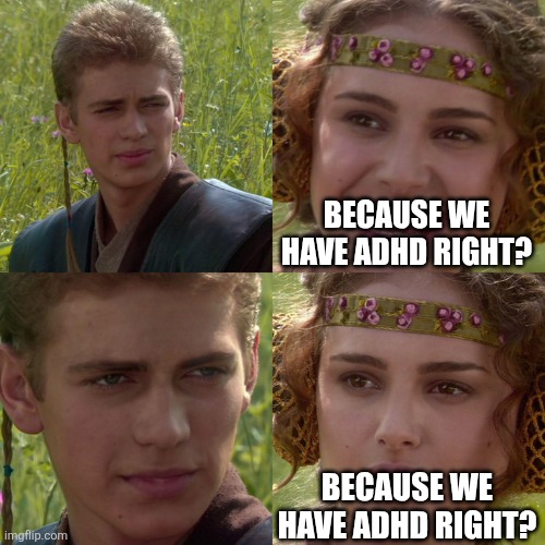 Anakin Padme 4 Panel | BECAUSE WE HAVE ADHD RIGHT? BECAUSE WE HAVE ADHD RIGHT? | image tagged in anakin padme 4 panel | made w/ Imgflip meme maker