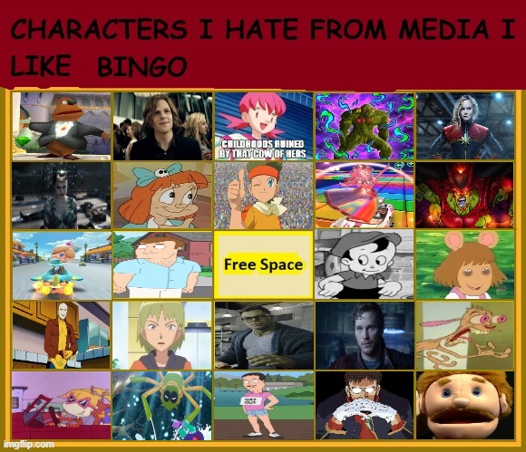 characters i hate from media i like bingo | image tagged in characters i hate from media i like hellingo,hateful,bingo,videogames,movies,garbage dump | made w/ Imgflip meme maker