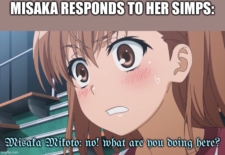 Accurate :) | MISAKA RESPONDS TO HER SIMPS:; Misaka Mikoto: no! what are you doing here? | image tagged in embarrassed mikoto template 1,toaru,a certain scientific railgun,anime,misaka mikoto | made w/ Imgflip meme maker