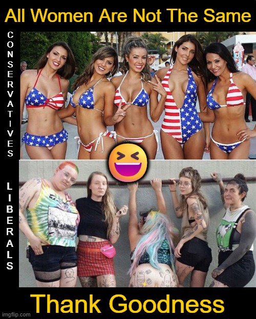 And some liberal women don't even know what a woman is, LOL! | All Women Are Not The Same; C
O
N
S
E
R
V
A
T
I
V
E
S; 😆; L
I
B
E
R
A
L
S; Thank Goodness | image tagged in liberals vs conservatives,women,pictures,beauty and the beast,just the facts,political humor | made w/ Imgflip meme maker