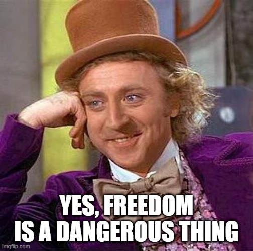 Creepy Condescending Wonka Meme | YES, FREEDOM IS A DANGEROUS THING | image tagged in memes,creepy condescending wonka | made w/ Imgflip meme maker