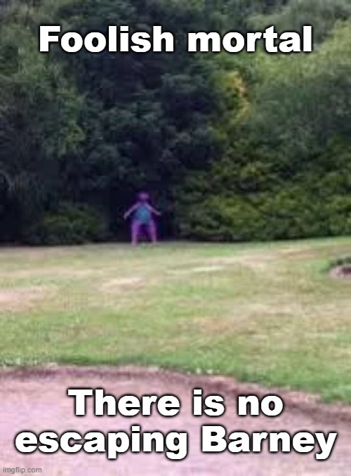 Imagine he just starts chasing after you and starts tickling you | Foolish mortal; There is no escaping Barney | made w/ Imgflip meme maker