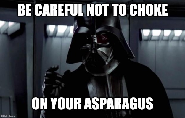 BE CAREFUL NOT TO CHOKE ON YOUR ASPARAGUS | image tagged in darth vader | made w/ Imgflip meme maker