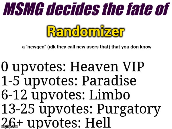 wait i wanna see | Randomizer; a "newgen" (idk they call new users that) that you don know | image tagged in msmg decides | made w/ Imgflip meme maker