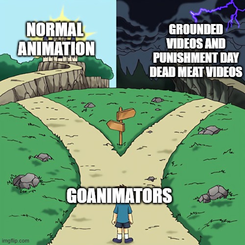 goanimators be like | NORMAL 
ANIMATION; GROUNDED VIDEOS AND PUNISHMENT DAY
DEAD MEAT VIDEOS; GOANIMATORS | image tagged in two castles,goanimate | made w/ Imgflip meme maker