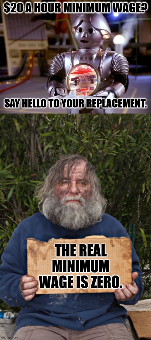 Shut up, we know what's best for you! | $20 A HOUR MINIMUM WAGE? SAY HELLO TO YOUR REPLACEMENT. THE REAL MINIMUM WAGE IS ZERO. | image tagged in useless robot,blak homeless sign | made w/ Imgflip meme maker