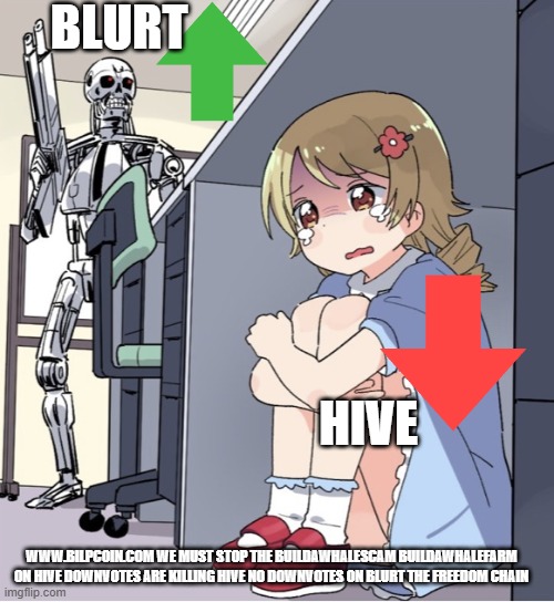 Anime Girl Hiding from Terminator | BLURT; HIVE; WWW.BILPCOIN.COM WE MUST STOP THE BUILDAWHALESCAM BUILDAWHALEFARM ON HIVE DOWNVOTES ARE KILLING HIVE NO DOWNVOTES ON BLURT THE FREEDOM CHAIN | image tagged in anime girl hiding from terminator | made w/ Imgflip meme maker