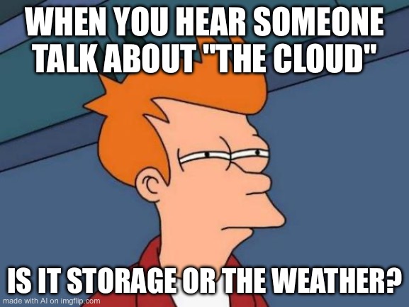 Futurama Fry | WHEN YOU HEAR SOMEONE TALK ABOUT "THE CLOUD"; IS IT STORAGE OR THE WEATHER? | image tagged in memes,futurama fry | made w/ Imgflip meme maker