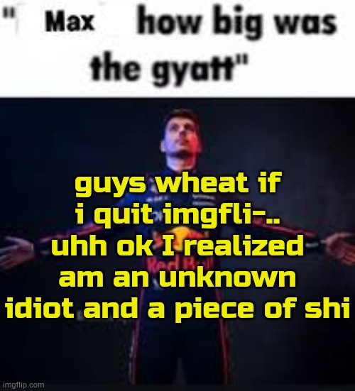 . | guys wheat if i quit imgfli-.. uhh ok I realized am an unknown idiot and a piece of shi | image tagged in max how big was the gyatt | made w/ Imgflip meme maker