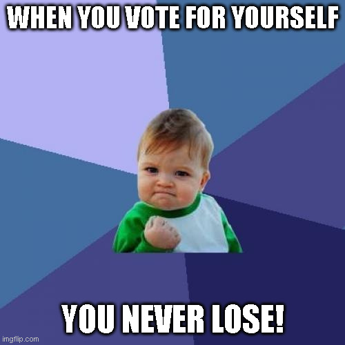 Success Kid | WHEN YOU VOTE FOR YOURSELF; YOU NEVER LOSE! | image tagged in memes,success kid | made w/ Imgflip meme maker
