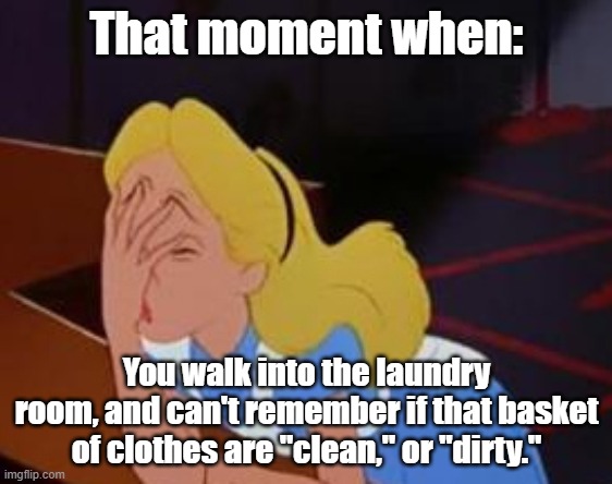 Many of us have been there... | That moment when:; You walk into the laundry room, and can't remember if that basket of clothes are "clean," or "dirty." | image tagged in face palm,laundry,dirty laundry | made w/ Imgflip meme maker