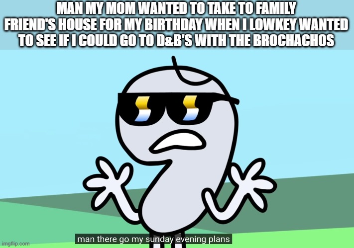 damn | MAN MY MOM WANTED TO TAKE TO FAMILY FRIEND'S HOUSE FOR MY BIRTHDAY WHEN I LOWKEY WANTED TO SEE IF I COULD GO TO D&B'S WITH THE BROCHACHOS | image tagged in man there go my sunday evening plans | made w/ Imgflip meme maker