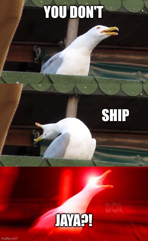 POV you dont ship Jaya | YOU DON'T; SHIP; JAYA?! | image tagged in inhaling seagull,ninjago | made w/ Imgflip meme maker