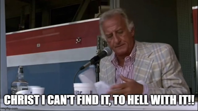 Harry Doyle | CHRIST I CAN'T FIND IT, TO HELL WITH IT!! | image tagged in harry doyle,major league | made w/ Imgflip meme maker