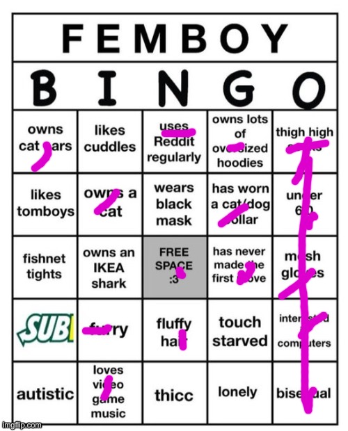 Honestly I used to have gloves, but I have no idea if they were mesh. | image tagged in femboy bingo | made w/ Imgflip meme maker