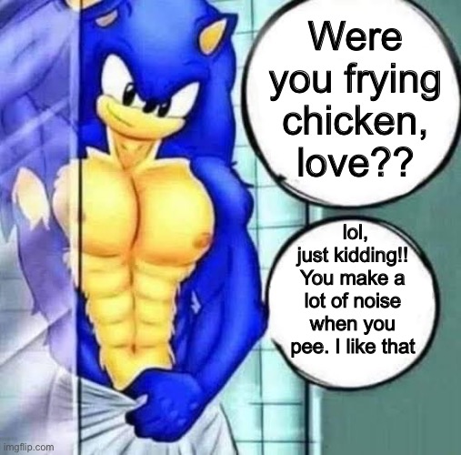 Were you frying chicken, love?? lol, just kidding!! You make a lot of noise when you pee. I like that | image tagged in buff sonic,mental molestation,wtf,memes,shitpost,daddy | made w/ Imgflip meme maker