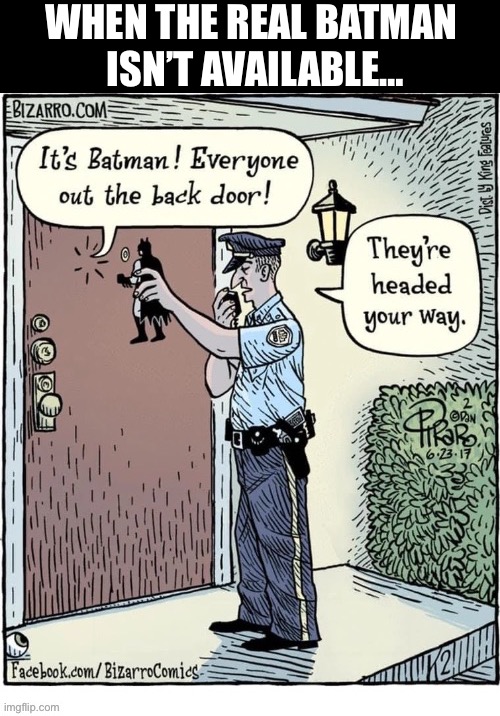 That’s a particularly tough action figure… Those crooks are really in for it! | WHEN THE REAL BATMAN 
ISN’T AVAILABLE… | image tagged in batman,comics,bizarro comics,action figure,substitute | made w/ Imgflip meme maker