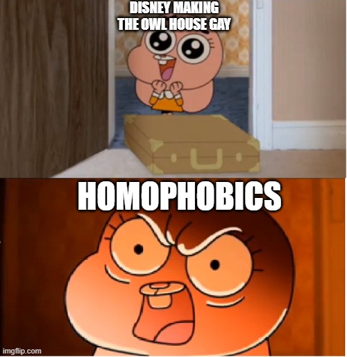 . | DISNEY MAKING THE OWL HOUSE GAY; HOMOPHOBICS | image tagged in gumball - anais false hope meme | made w/ Imgflip meme maker
