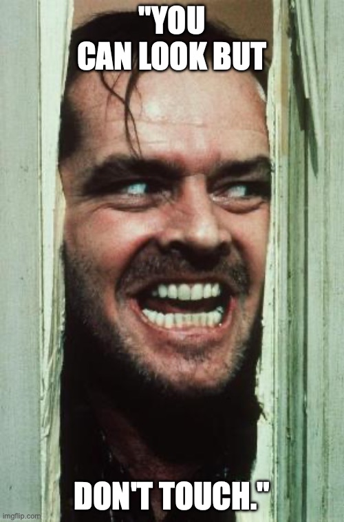 Here's Johnny | "YOU CAN LOOK BUT; DON'T TOUCH." | image tagged in memes,here's johnny | made w/ Imgflip meme maker