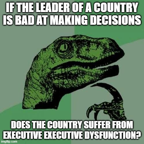 Philosoraptor Meme | IF THE LEADER OF A COUNTRY IS BAD AT MAKING DECISIONS; DOES THE COUNTRY SUFFER FROM EXECUTIVE EXECUTIVE DYSFUNCTION? | image tagged in memes,philosoraptor,shower thoughts,stupid stuff | made w/ Imgflip meme maker