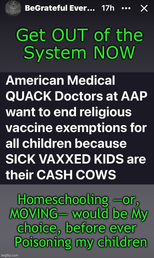Not Health  —  Power, MONEY, Control | Get OUT of the
System NOW; Homeschooling —or, MOVING— would be My choice, before ever 
 Poisoning my children | image tagged in memes,vaccination will harm or kill your kid,do not make that irreversible mistake,evil politicians dictate evil | made w/ Imgflip meme maker