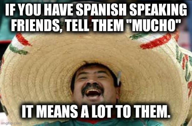 It really does. | IF YOU HAVE SPANISH SPEAKING FRIENDS, TELL THEM "MUCHO"; IT MEANS A LOT TO THEM. | image tagged in mexican word of the day,spanish,mucho | made w/ Imgflip meme maker