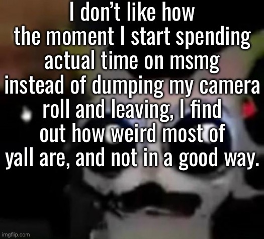 Deadass, the only people here I can tolerate rn are Winter_Frost, Toady, and Potassium, rest of you mfs can go | I don’t like how the moment I start spending actual time on msmg instead of dumping my camera roll and leaving, I find out how weird most of yall are, and not in a good way. | image tagged in scared car | made w/ Imgflip meme maker