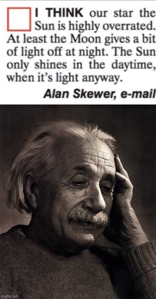 The sun is useless | image tagged in einstein facepalm,sun,moon,light,smort | made w/ Imgflip meme maker