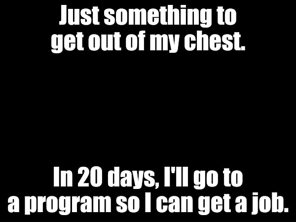 Image Title | Just something to get out of my chest. In 20 days, I'll go to a program so I can get a job. | image tagged in image tags | made w/ Imgflip meme maker