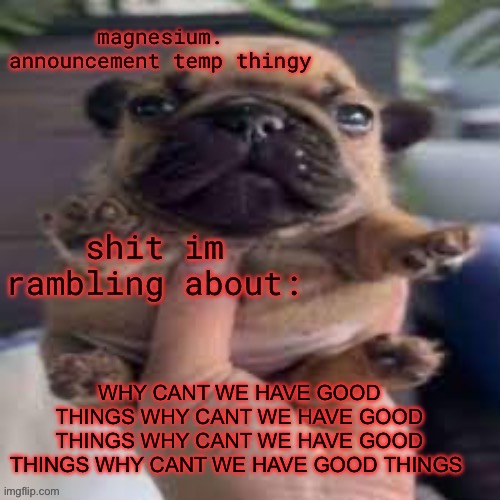 sorry guys.. heh.. just had to vent… | WHY CANT WE HAVE GOOD THINGS WHY CANT WE HAVE GOOD THINGS WHY CANT WE HAVE GOOD THINGS WHY CANT WE HAVE GOOD THINGS | image tagged in pug temp | made w/ Imgflip meme maker