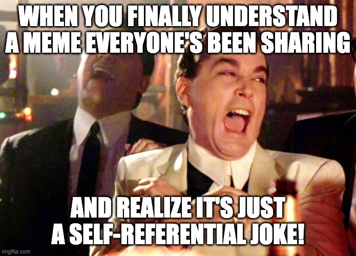 Good Fellas Hilarious Meme | WHEN YOU FINALLY UNDERSTAND A MEME EVERYONE'S BEEN SHARING; AND REALIZE IT'S JUST A SELF-REFERENTIAL JOKE! | image tagged in memes,good fellas hilarious | made w/ Imgflip meme maker