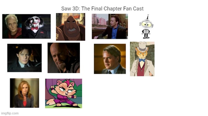 Credit to Mico the Ninjago Fan 2024 for this used | image tagged in meme,memes,spoof cast,saw 3d,characters,roles | made w/ Imgflip meme maker