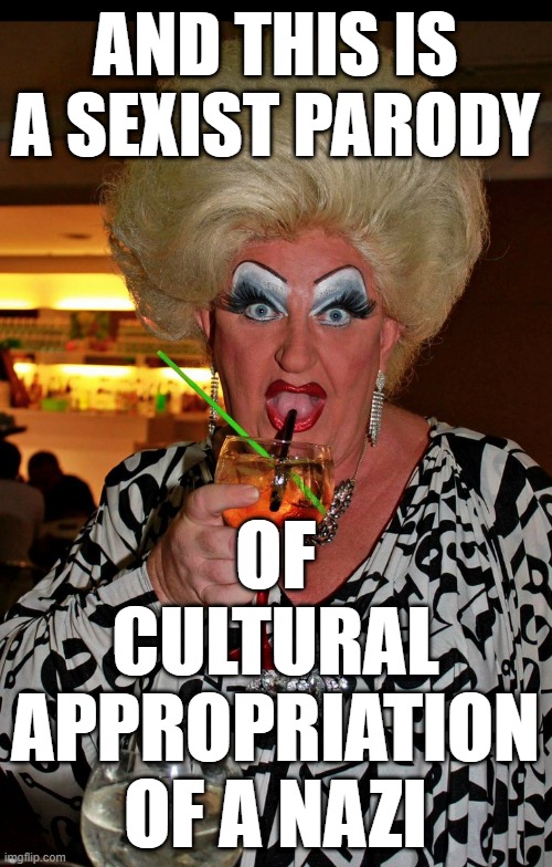 Ugly drag queen | AND THIS IS A SEXIST PARODY OF CULTURAL APPROPRIATION OF A NAZI | image tagged in ugly drag queen | made w/ Imgflip meme maker
