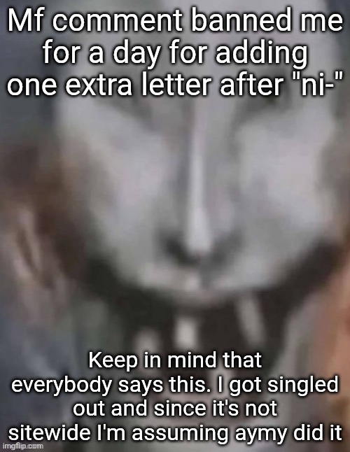 Has to be aymy | Mf comment banned me for a day for adding one extra letter after "ni-"; Keep in mind that everybody says this. I got singled out and since it's not sitewide I'm assuming aymy did it | image tagged in jonkled | made w/ Imgflip meme maker