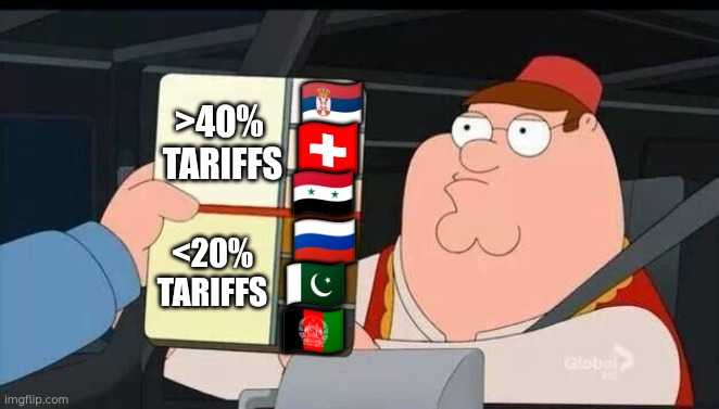 Peter Griffin skin color chart race terrorist blank | 🇷🇸; >40% 
TARIFFS; 🇨🇭; 🇸🇾; 🇷🇺; <20%
TARIFFS; 🇵🇰; 🇦🇫 | image tagged in peter griffin skin color chart race terrorist blank | made w/ Imgflip meme maker