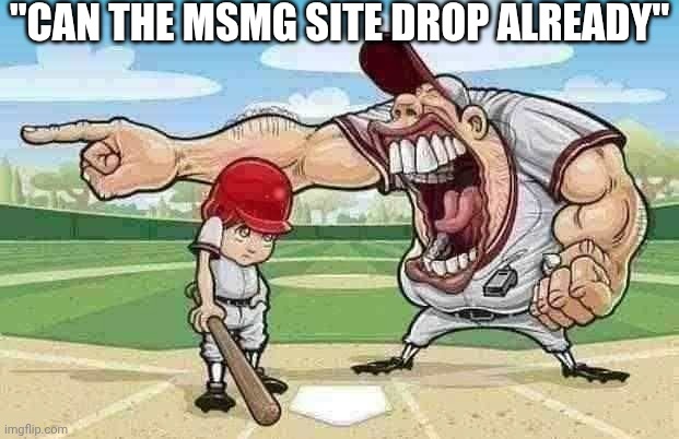 . | "CAN THE MSMG SITE DROP ALREADY" | image tagged in kid getting yelled at an angry baseball coach no watermarks | made w/ Imgflip meme maker