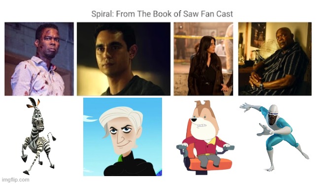 Credit to Mico the Ninjago Fan 2024 for this used | image tagged in meme,memes,spoof cast,spiral from the book of saw,characters,roles | made w/ Imgflip meme maker