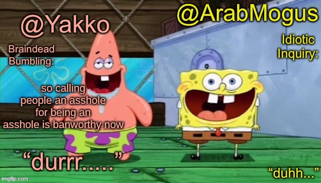 Yakko and ArabMogus’s shared temp | so calling people an asshole for being an asshole is banworthy now | image tagged in yakko and arabmogus s shared temp | made w/ Imgflip meme maker