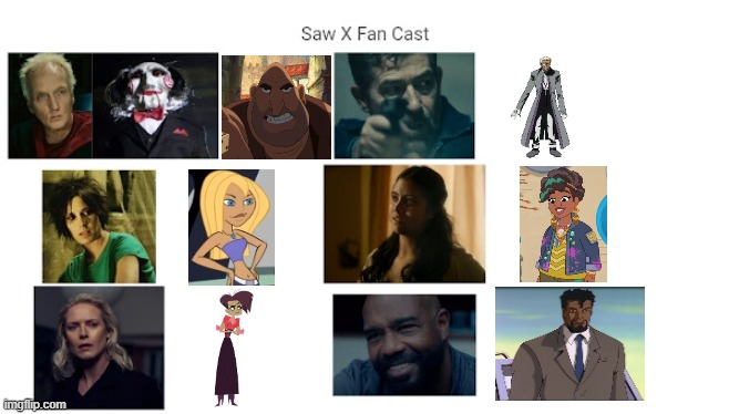 Credit to Mico the Ninjago Fan 2024 for this used | image tagged in meme,memes,spoof cast,saw x,characters,roles | made w/ Imgflip meme maker