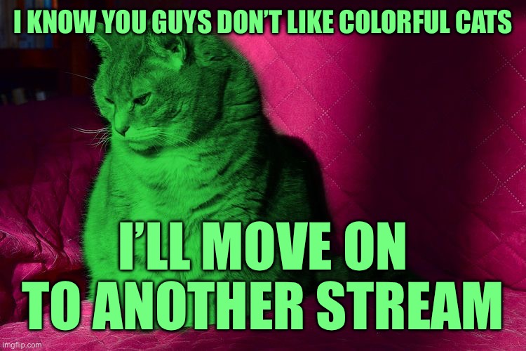 Goodbye | I KNOW YOU GUYS DON’T LIKE COLORFUL CATS; I’LL MOVE ON TO ANOTHER STREAM | image tagged in cantankerous raycat,memes | made w/ Imgflip meme maker