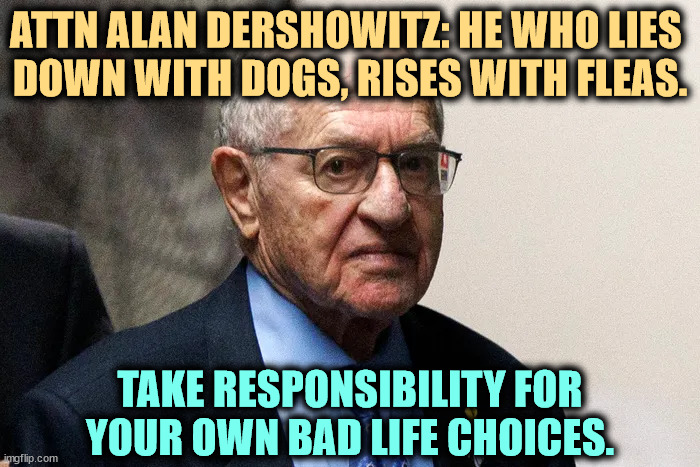ATTN ALAN DERSHOWITZ: HE WHO LIES 
DOWN WITH DOGS, RISES WITH FLEAS. TAKE RESPONSIBILITY FOR YOUR OWN BAD LIFE CHOICES. | image tagged in alan dershowitz,lawyer,bad,company,choices,wrong | made w/ Imgflip meme maker