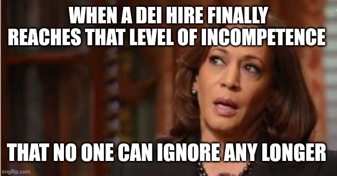 Kamala Harris | WHEN A DEI HIRE FINALLY REACHES THAT LEVEL OF INCOMPETENCE; THAT NO ONE CAN IGNORE ANY LONGER | image tagged in kamala harris | made w/ Imgflip meme maker