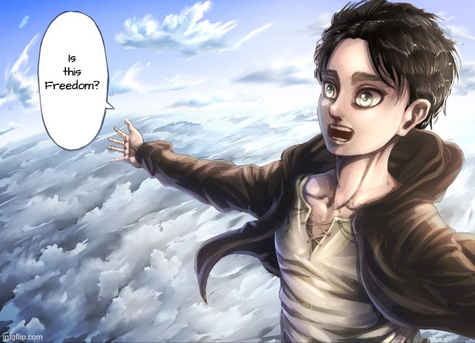 I feel so free rn | Is this Freedom? | image tagged in happy eren | made w/ Imgflip meme maker