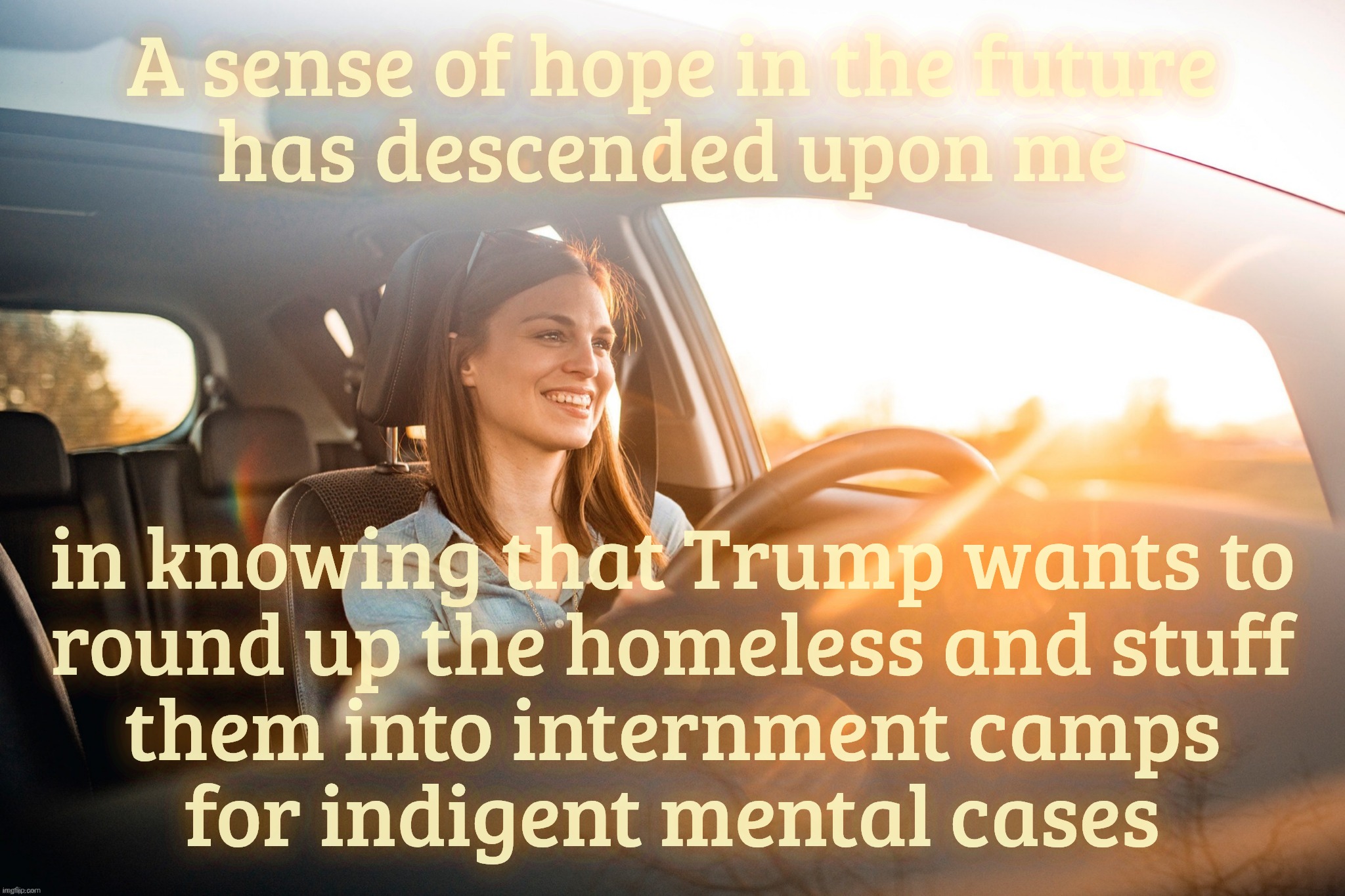 Smiling in the car | A sense of hope in the future
has descended upon me in knowing that Trump wants to
round up the homeless and stuff
them into internment camp | image tagged in smiling in the car | made w/ Imgflip meme maker