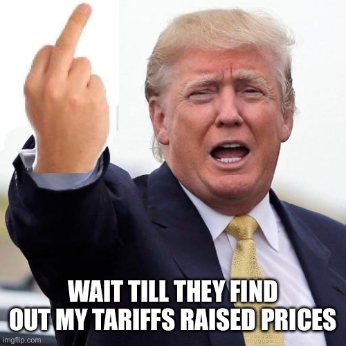 Loving my tariffs yet? | WAIT TILL THEY FIND OUT MY TARIFFS RAISED PRICES | image tagged in donald trump middle finger | made w/ Imgflip meme maker