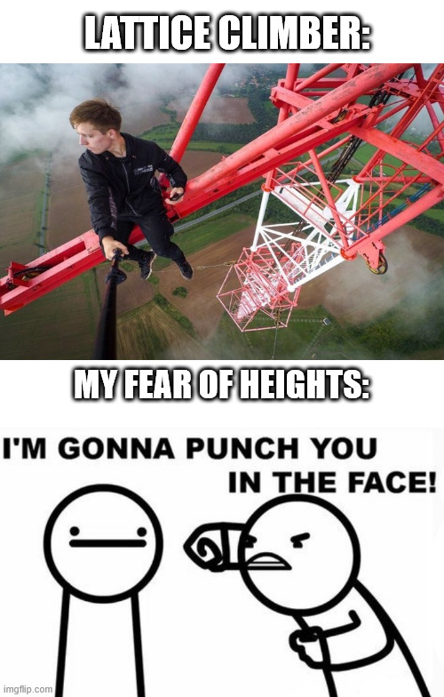 ASDF Movie Meme, The Climber | LATTICE CLIMBER:; MY FEAR OF HEIGHTS: | image tagged in asdf movie,climbing,memes,latticeclimbing,dark humor,youtube | made w/ Imgflip meme maker