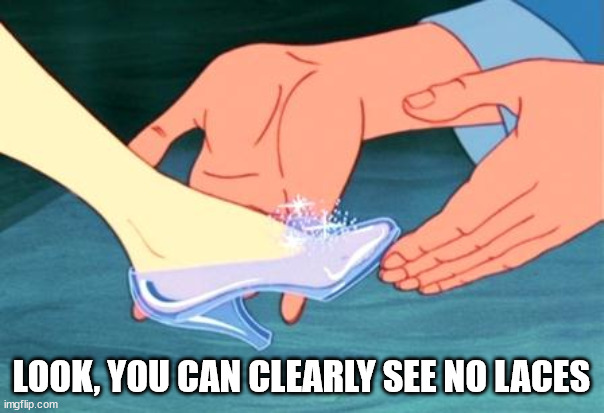 cinderella shoe fits | LOOK, YOU CAN CLEARLY SEE NO LACES | image tagged in cinderella shoe fits | made w/ Imgflip meme maker