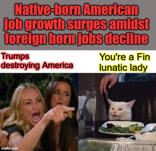 SELF DEPORT collect 1k, leave go home, 534 K Illegal jobs gone 2 mill Americans hired | Native-born American job growth surges amidst foreign born jobs decline; Trumps destroying America; You're a Fin lunatic lady | image tagged in memes,woman yelling at cat | made w/ Imgflip meme maker