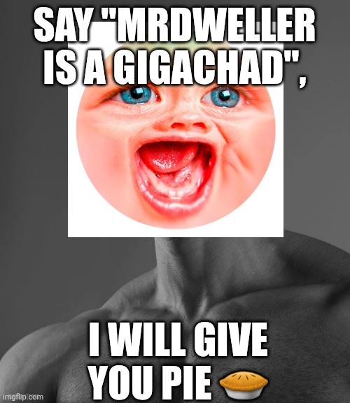 Say "MrDweller is a Gigachad" | SAY "MRDWELLER IS A GIGACHAD", I WILL GIVE YOU PIE 🥧 | image tagged in giga chad | made w/ Imgflip meme maker